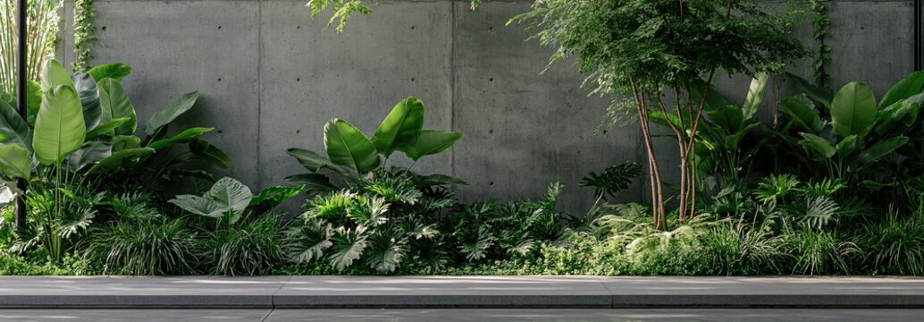 Lush Greenery Against Modern Concrete Wall with Natural Light and Minimalist Design