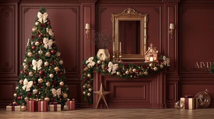 Fototapeta premium Elegant Christmas Tree and Fireplace Mantel with Ornaments and Gifts in Luxurious Red Room