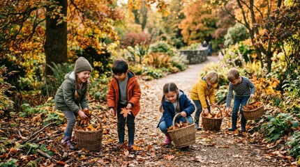 Fototapeta premium Children Collecting Autumn Leaves and Apples in a Forest.