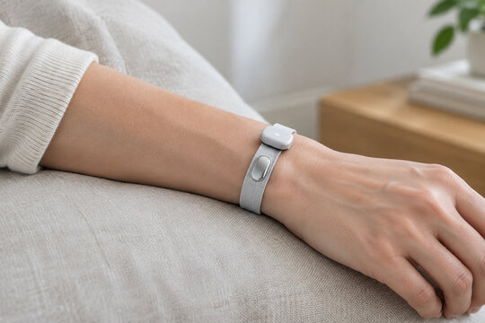 Adult forearm with fabric wristband and silver skin sensor on linen cushion, wearable biofeedback device, health monitoring concept
