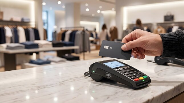 Close up of customer using contactless credit card payment at checkout in a modern fashion boutique