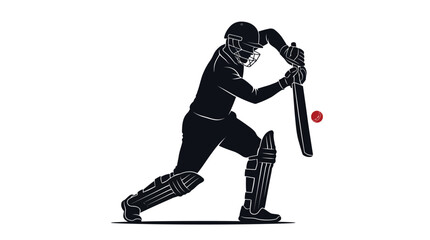 Fototapeta premium Professional cricket batsman hits a red ball wearing protective gear in this minimalist black vector illustration