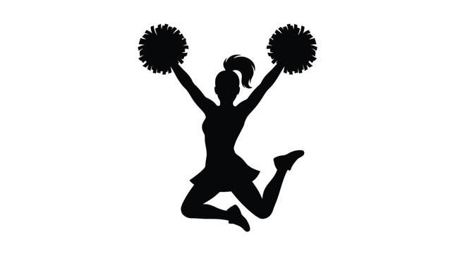 Cheerful cheerleader silhouette jumping high while holding black pom poms isolated on a white background