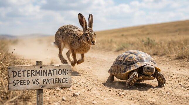 Tortoise and hare racing on a dirt road illustrating the fable of speed versus patience and determination with turtle and rabbit fable story animal race slow and steady patience