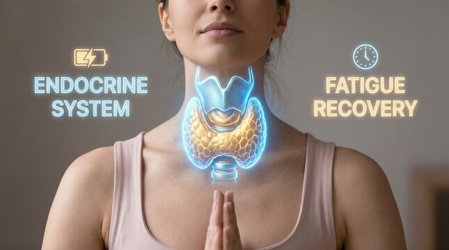 Woman showing hologram of the endocrine system highlighting thyroid gland and fatigue recovery concept with human anatomy medical hologram body health medical science hormones