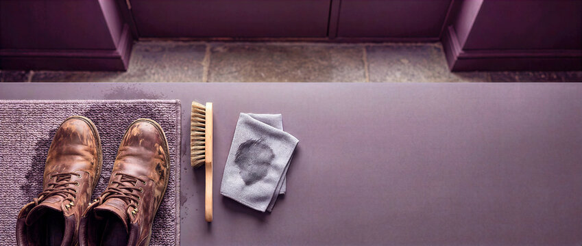 Muddy brown leather work boots on purple entrance mat next to wooden shoe brush and damp grey cleaning cloth. Footwear care and boot cleaning concept with purple surface banner with copy space