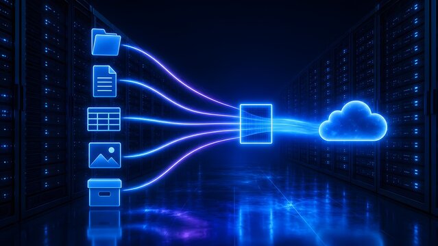 Cloud computing storage concept with digital files uploading to virtual server infrastructure in modern data center