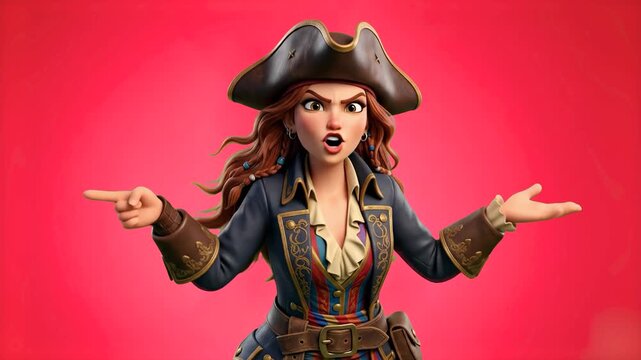 A 3D cartoon female pirate captain in a tricorn hat shouting angrily with hands open while talking, set against a vibrant pink studio backdrop. Ideal for gaming promos, animated adventure trailers, pi
