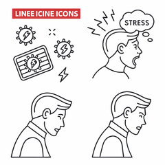 Fototapeta premium Set of line icons related to stress. Emotional burnout, depression, insomnia, irritability and mental problems. Editable stroke. Outline flat vector illustration collection isolated on .