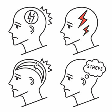 Set of line icons related to stress. Emotional burnout, depression, insomnia, irritability and mental problems. Editable stroke. Outline flat vector illustration collection isolated on .