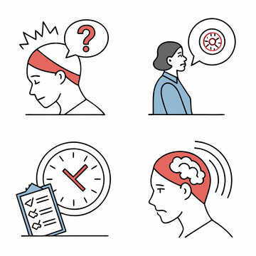 Set of line icons related to stress. Emotional burnout, depression, insomnia, irritability and mental problems. Editable stroke. Outline flat vector illustration collection isolated on .