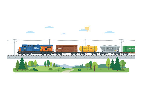 Flat vector illustration of a freight train moving through a scenic landscape with trees and hills.