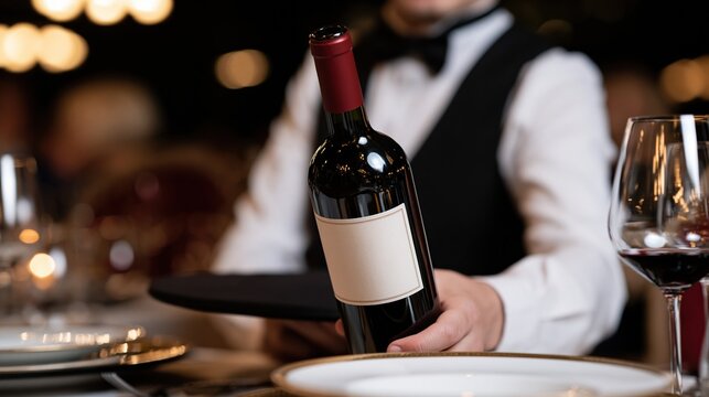 Sommelier presenting a bottle of red wine with blank label on a tray in an upscale restaurant setting