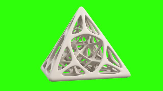 An abstract white 3D geometric pyramid structure with a Voronoi wireframe lattice pattern, isolated on a solid green chroma key background. Perfect for modern technology intros, futuristic architectur