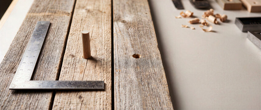 Weathered barn wood planks on workbench with metal carpenter L-square ruler, inserted wooden dowel plug and wood shavings. Woodworking, joinery and carpentry banner background with copy space