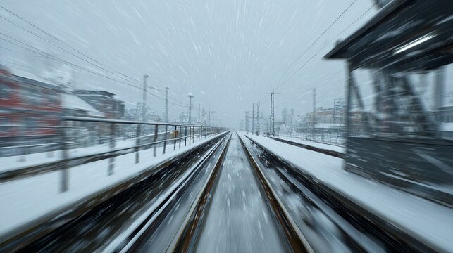 Snowy train tracks perspective - A winter journey through blurred landscapes.
