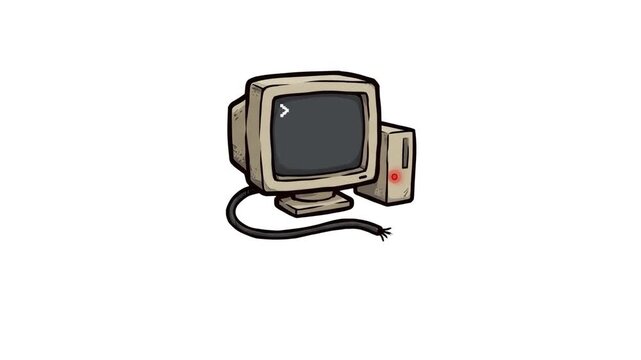 A retro 90s desktop computer character with a CRT monitor showing a terminal prompt, isolated on a solid green chroma key background. Great for tech history retrospectives, coding tutorials, cyber the