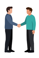 Obraz premium Two men shaking hands in a friendly handshake gesture, flat vector illustration of businessmen greeting each other, partnership and agreement symbol, isolated cartoon character design on white