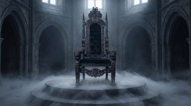 Dark ornate medieval throne inside a gothic stone cathedral hall filled with mysterious fog medieval cathedral architecture mysterious interior atmosphere