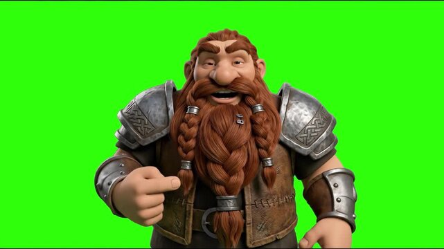 A rugged 3D fantasy dwarf warrior with braided red hair, beard, and metal shoulder armor talking and pointing at himself or forward, isolated on a green screen background. Designed for RPG game promos