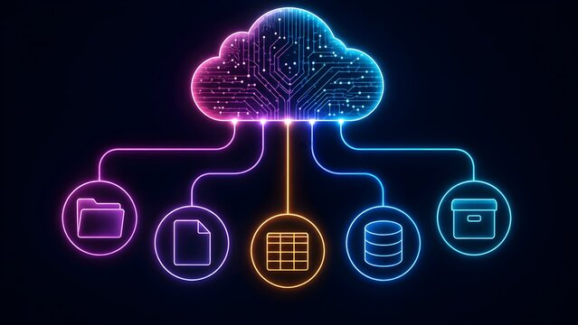 Circuit board cloud computing ecosystem connecting digital folder document and database storage network