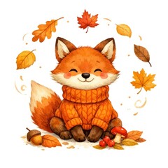 Fototapeta premium Cute fox in cozy sweater surrounded by autumn leaves