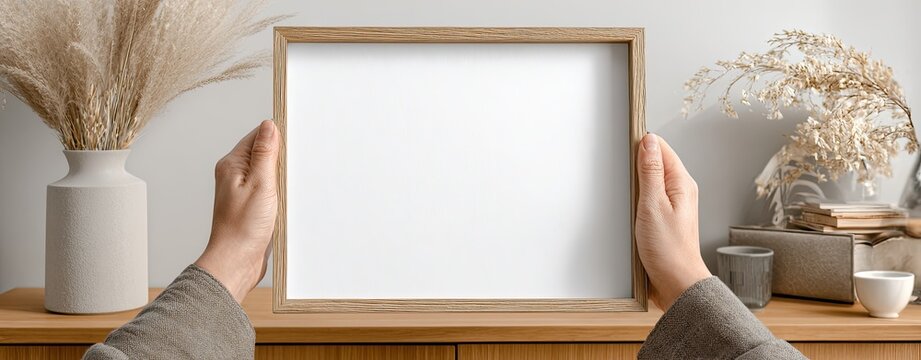 Empty frame held by hands, neutral aesthetic