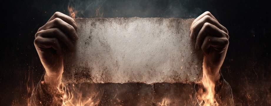 Hands holding aged parchment in fiery destruction