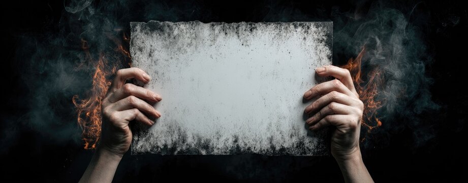 Blank parchment held by hands amidst fire and smoke