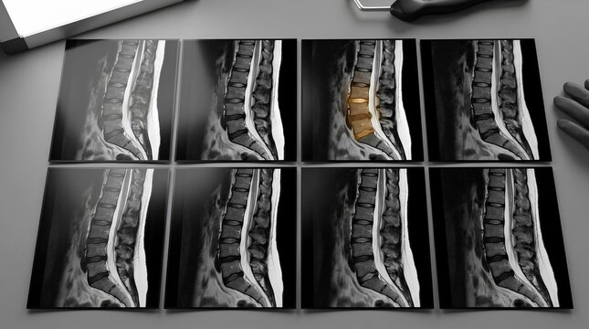 Grid of grayscale sagittal lumbar spine MRI scans arranged on dark surface, one scan highlighting intervertebral disc region in golden tone for medical diagnostic reference