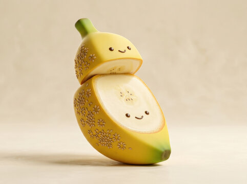 Cute sliced banana character showing cross section with happy smiling faces and flower sesame patterns on beige backdrop.