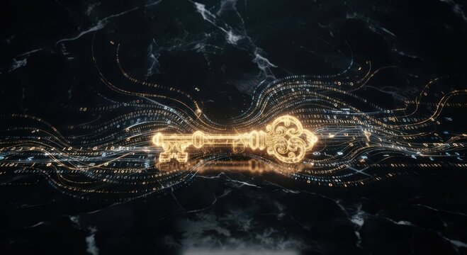 Glowing Golden Digital Key on Black Marble Surface with Binary Data Waves | Cybersecurity Encryption and Data Protection Concept Stock Photo