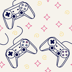Game seamless pattern. Repeating design element for printing on fabric. Bright and neon controllers set. Minimalist creativity and art. Video game and . © PIC 