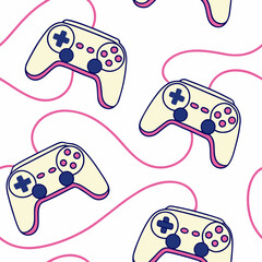 Game seamless pattern. Repeating design element for printing on fabric. Bright and neon controllers set. Minimalist creativity and art. Video game and . © PIC 