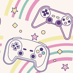 Game seamless pattern. Repeating design element for printing on fabric. Bright and neon controllers set. Minimalist creativity and art. Video game and . © PIC 