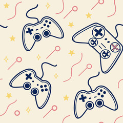Game seamless pattern. Repeating design element for printing on fabric. Bright and neon controllers set. Minimalist creativity and art. Video game and . © PIC 
