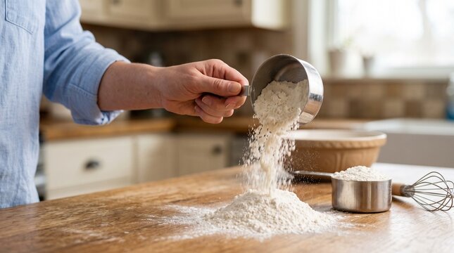 Person sifting flour onto a wooden table in a home kitchen  