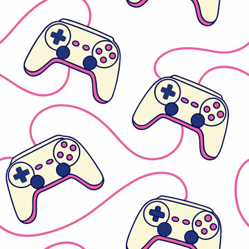 Game seamless pattern. Repeating design element for printing on fabric. Bright and neon controllers set. Minimalist creativity and art. Video game and .