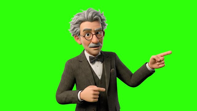 A 3D animated elderly male professor in a tweed suit, bow tie, and glasses talking and gesturing with his finger, isolated on a green screen background. Ideal for educational tutorials, science explai