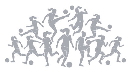 Obraz premium Female soccer players in various active poses performing dynamic movements with balls on white background