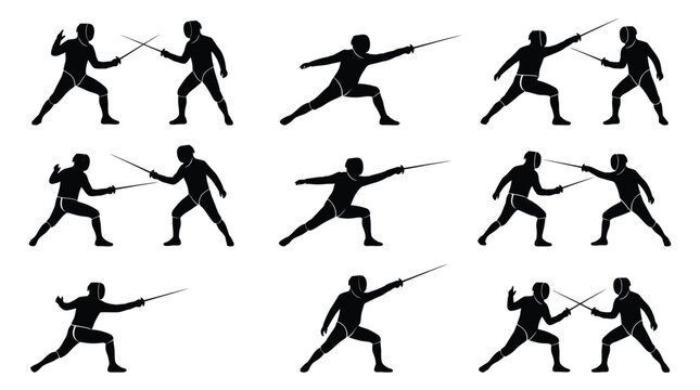 Black silhouettes of fencers practicing various sword fighting moves isolated against a clean white background backdrop