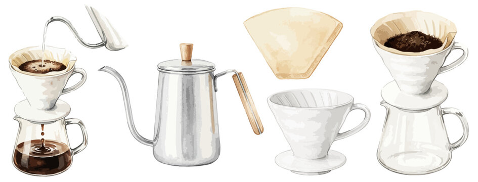 ハンドドリップコーヒーの手描き水彩風イラストセット,ドリップポット・ドリップケトル・陶器ドリッパー・ペーパーフィルター・ガラスサーバー・抽出シーン・お湯を注ぐ,カフェメニュー・店舗POP・淹れ方解説販促素材,透過PNG