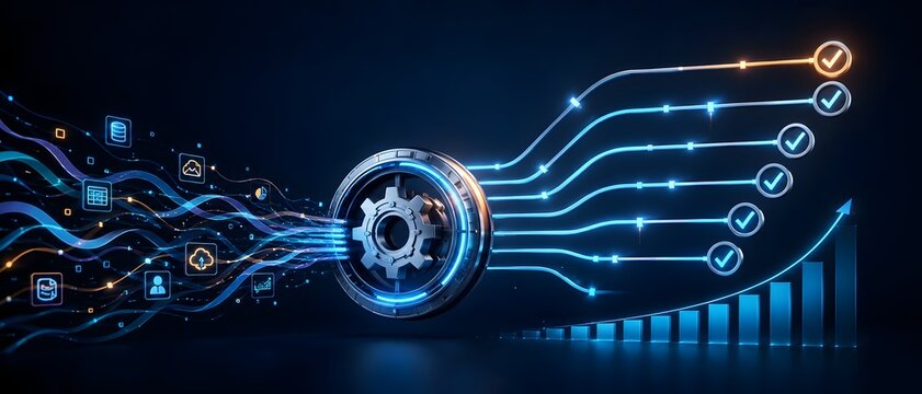 Metallic gear mechanism processing digital data streams into successful checkmarks and rising financial charts representing business automation