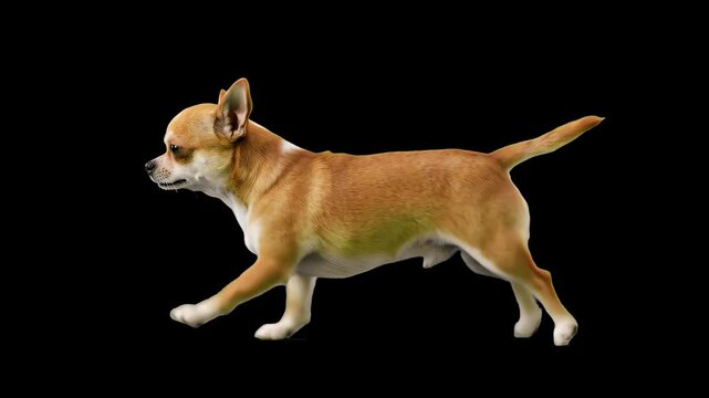 A tiny tan Chihuahua dog walking steadily in side view, isolated against a solid black background. Perfect for high-contrast video editing overlays, pet product advertisements, species educational vid