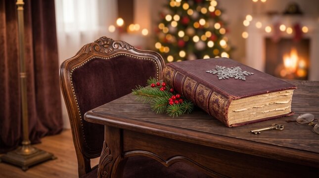 Old Christmas book with snowflake cover and pine branch on wooden table  
