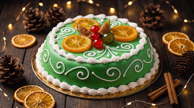 Traditional Sicilian Cassata Cake on Rustic Wooden Table with Christmas Decorations