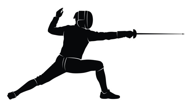 Fencer silhouette in a dynamic lunging pose holding a sharp rapier sword on white background
