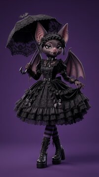 Gothic 3D character bat girl in black dress.