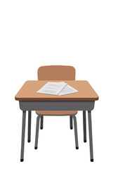 Fototapeta premium Hand-drawn vector icon illustration showing practice exam papers and test documents resting on a wooden student school desk with matching chair, education concept artwork, clean minimal design on