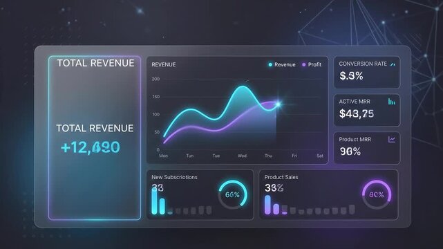Dashboard displays glowing neon charts and analytics with smooth translucent textures in a modern dark digital interface.